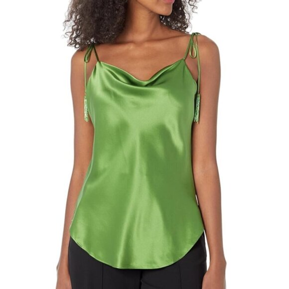 Cinq a Sept 'Marta' Beaded-Tassel Sleeveless Silk Cami Top, Grass - Picture 1 of 2